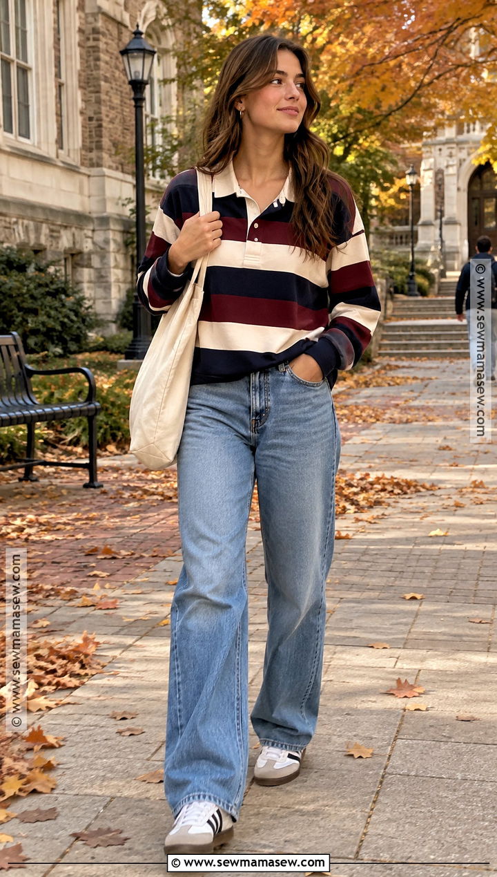 Autumn Rugby Shirt and Relaxed Jeans Outfit - 25 autumn fits aesthetic