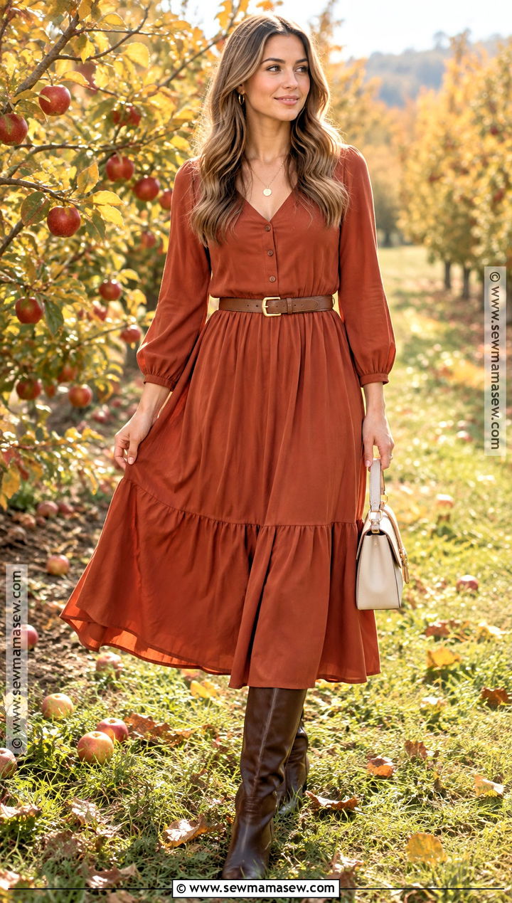 Autumn Rust Midi Dress And Boots Outfit - 20 autumn outfits photoshoot
