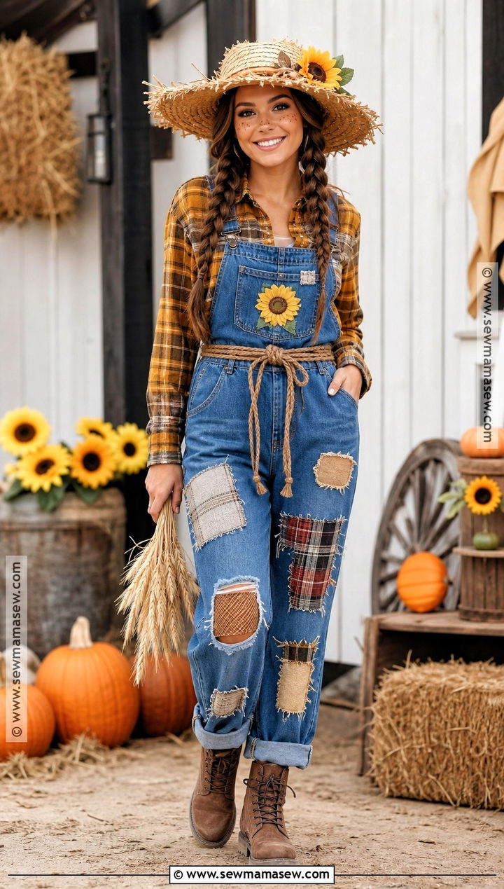 Autumn Scarecrow Costume With Patchwork Overalls - 35 halloween aesthetic costume ideas