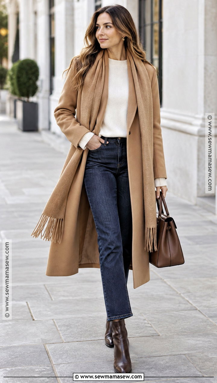 Autumn Scarf Coat And Dark Jeans Outfit - 25 autumn inspo outfit ideas