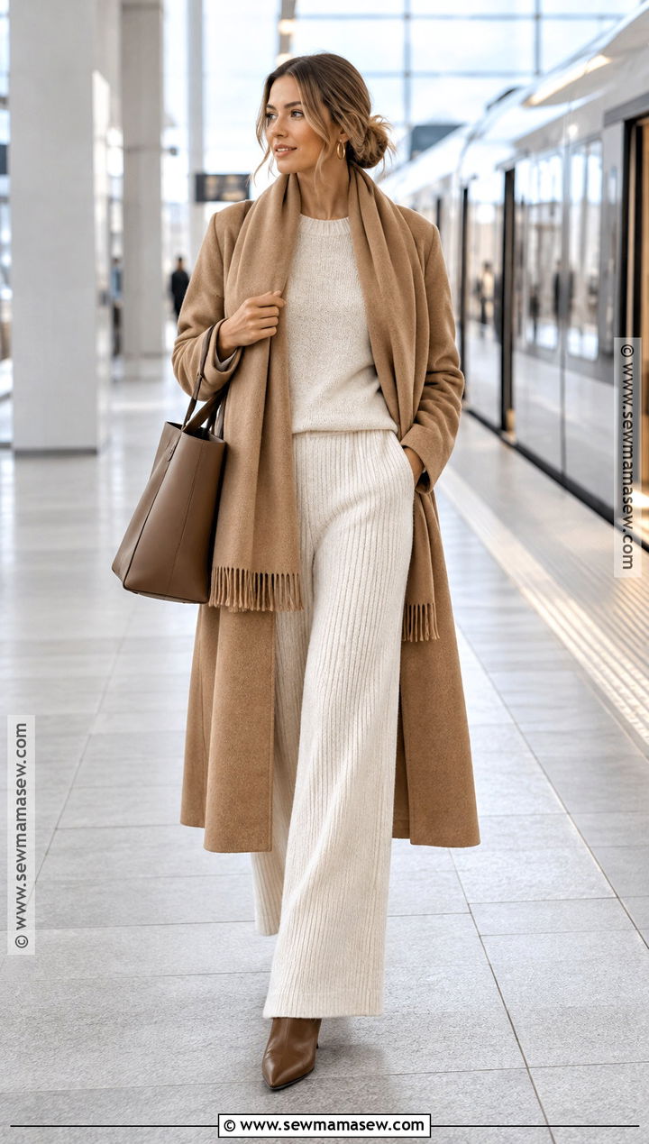 Autumn Scarf Coat And Knit Trousers Outfit - 15 Autumn Fashion Lookbook Ideas