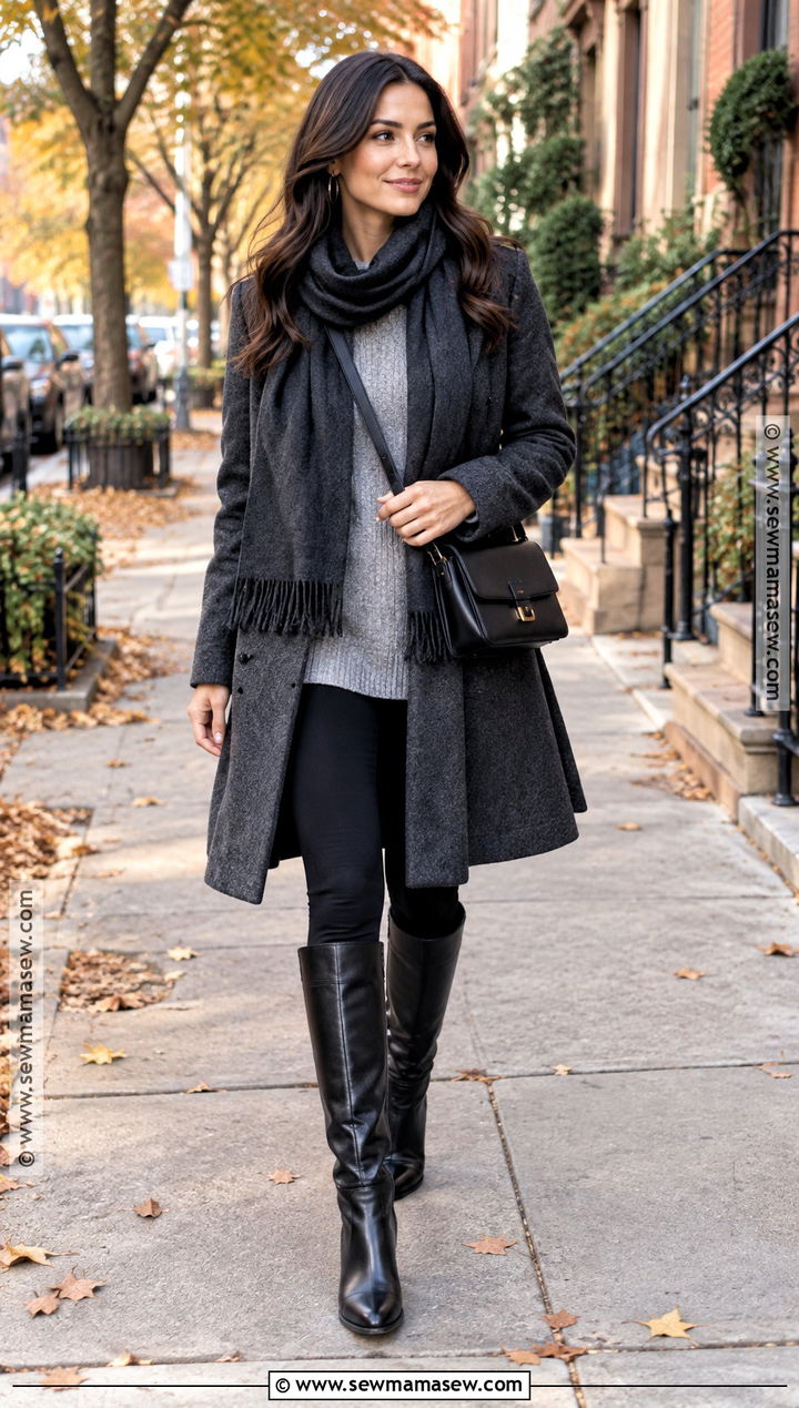 Autumn Scarf Coat and Leggings Outfit - 15 Autumn Sidewalk Fashion Ideas