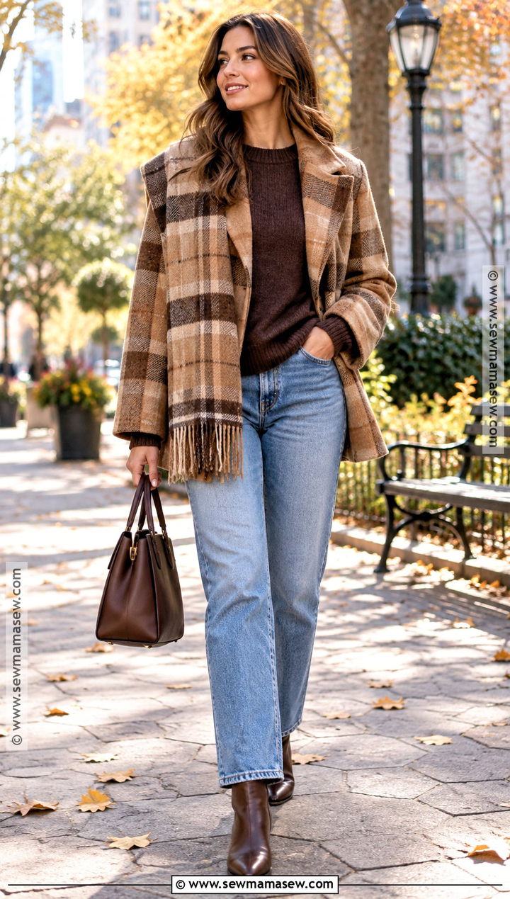 Autumn Scarf Jacket And Relaxed Jeans Outfit - 15 Autumn Fashion Outfit Ensemble Ideas