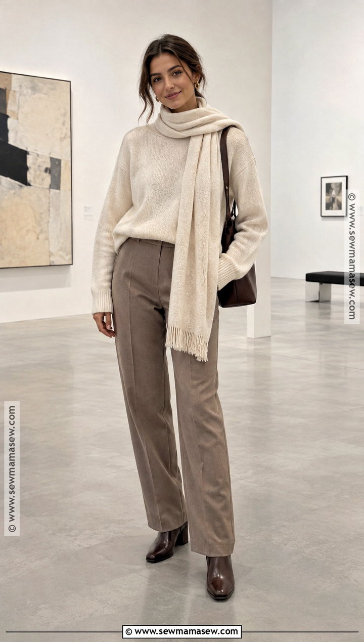 Autumn Scarf Sweater And Straight Pants Outfit - 15 Fashion Inspo 2026 Autumn Ideas