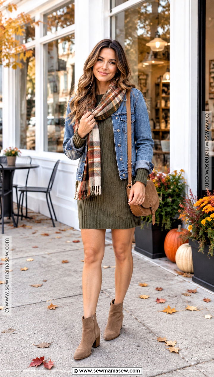 Autumn Scarf With Denim Jacket And Sweater Dress - 15 Autumn Scarf Fashion Accessory Ideas