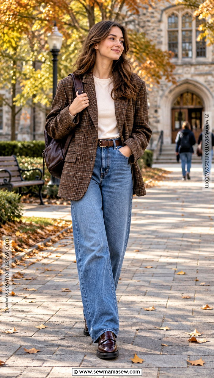 Autumn School Blazer And Relaxed Jeans Outfit - 15 autumn school aesthetic outfits