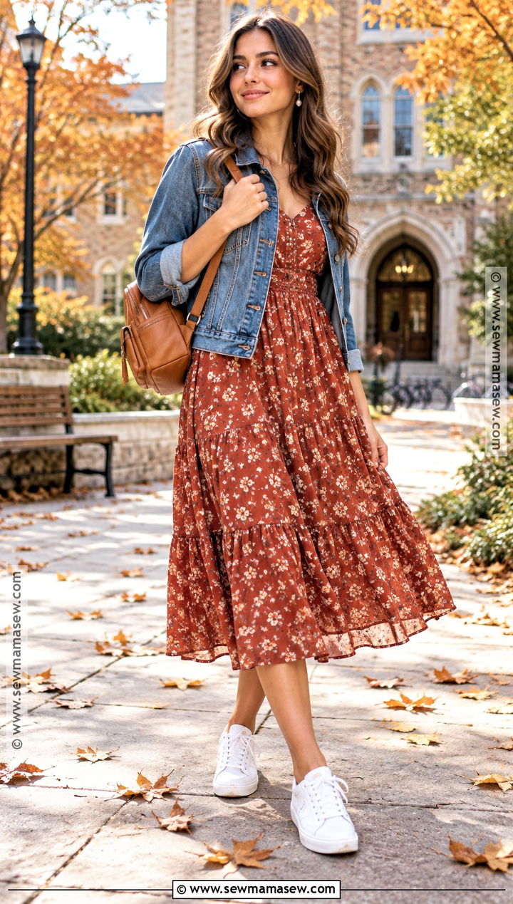 Autumn School Denim Jacket And Midi Dress Outfit - 15 autumn school aesthetic outfits