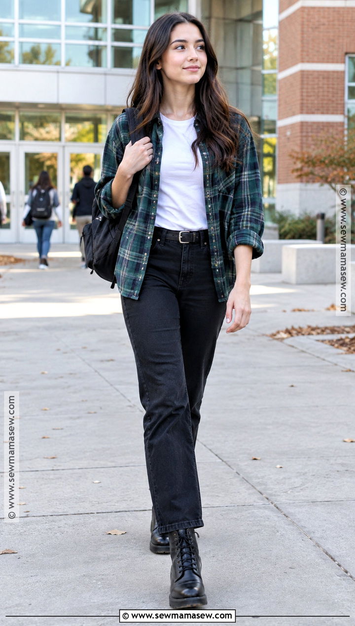 Autumn School Flannel Shirt And Black Jeans Outfit - 15 autumn school aesthetic outfits