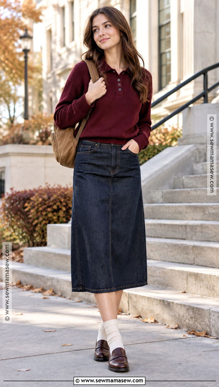 Autumn School Polo Sweater And Denim Skirt Outfit - 15 autumn school aesthetic outfits