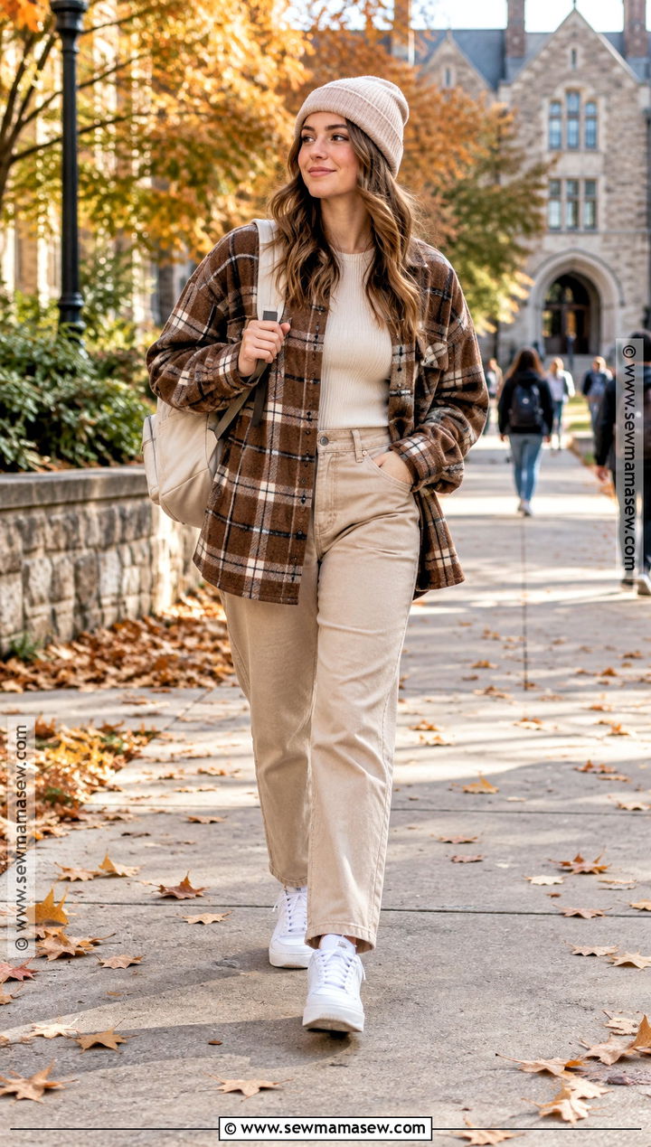 Autumn School Shacket And Neutral Pants Outfit - 15 autumn school aesthetic outfits