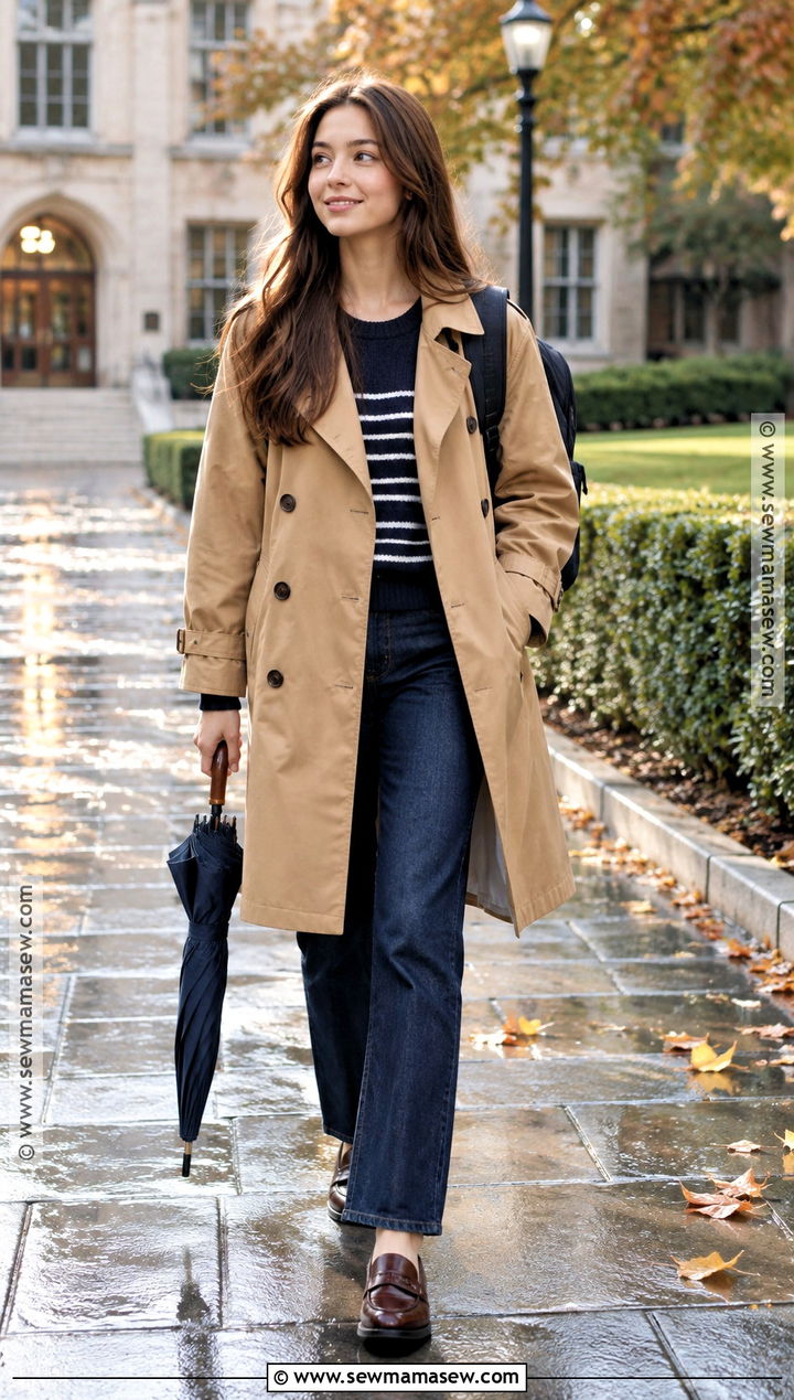Autumn School Trench Coat And Dark Jeans Outfit - 15 autumn school aesthetic outfits