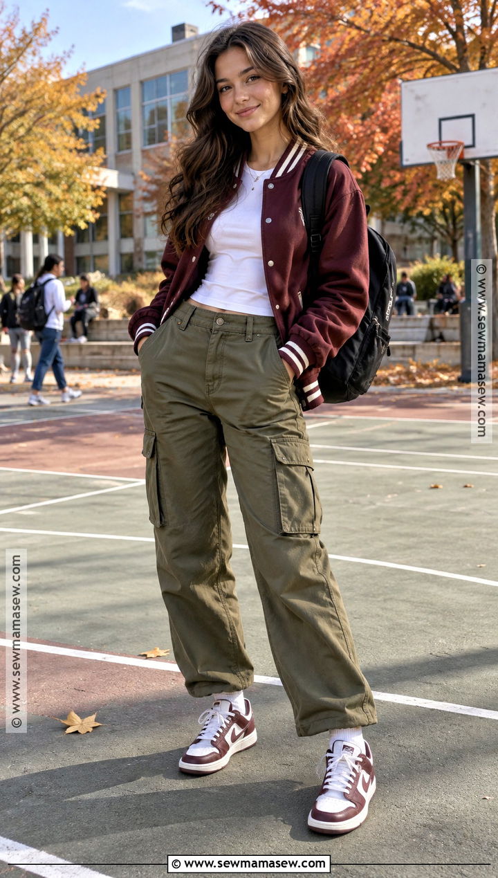 Autumn School Varsity Jacket And Cargo Pants Outfit - 15 autumn school aesthetic outfits