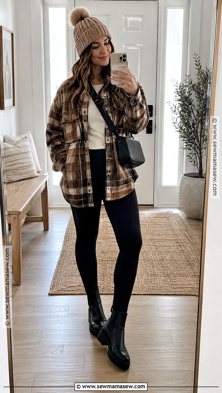 Autumn Shacket And Black Leggings Outfit - 25 autumn warm outfit ideas