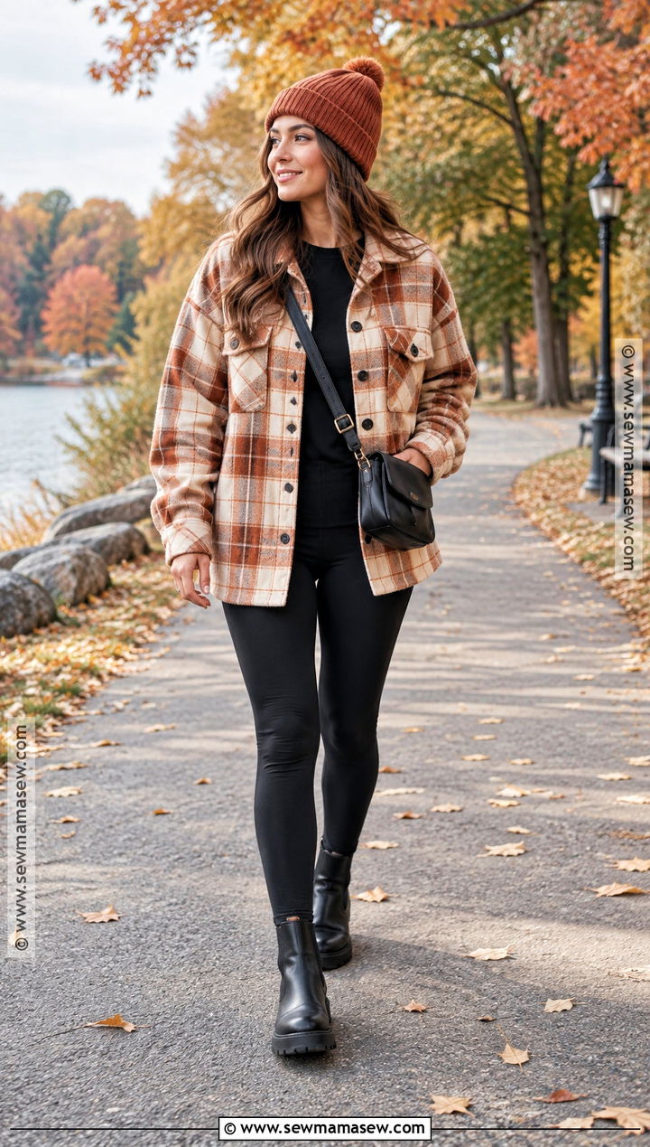 Autumn Shacket and Black Leggings Outfit - 30 autumn fits