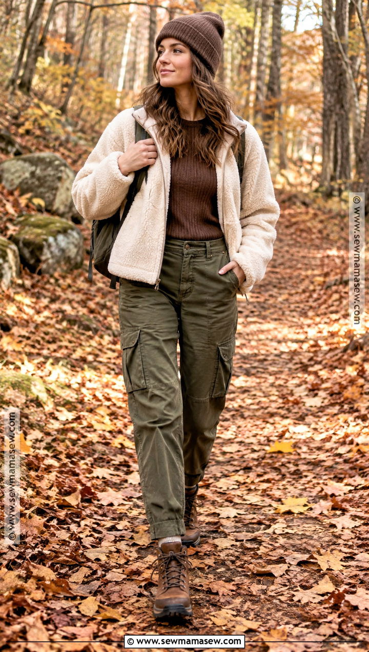 Autumn Sherpa Jacket And Cargo Pants Outfit - 25 autumn warm outfit ideas