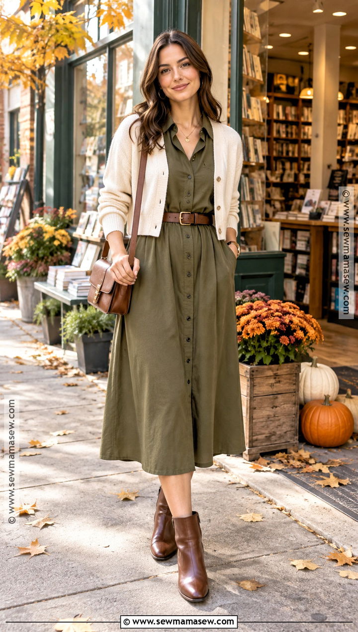 Autumn Shirt Dress With Cardigan And Ankle Boots - 15 7 Days Capsule Wardrobe Autumn Ideas
