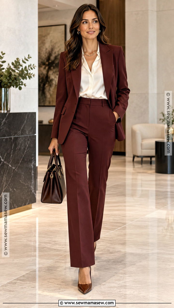 Autumn Skin Tone Burgundy Suit And Ivory Top Outfit - 20 Autumn Skin Tone Outfits