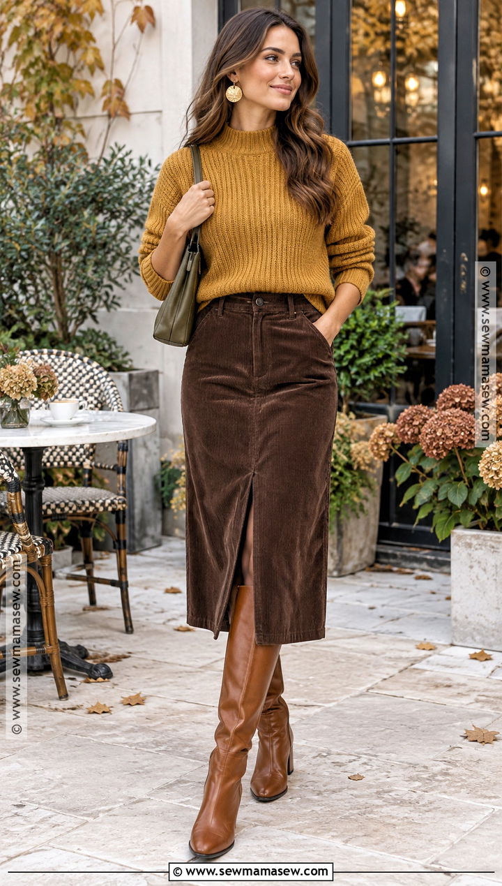 Autumn Skin Tone Mustard Sweater And Chocolate Skirt Outfit - 20 Autumn Skin Tone Outfits