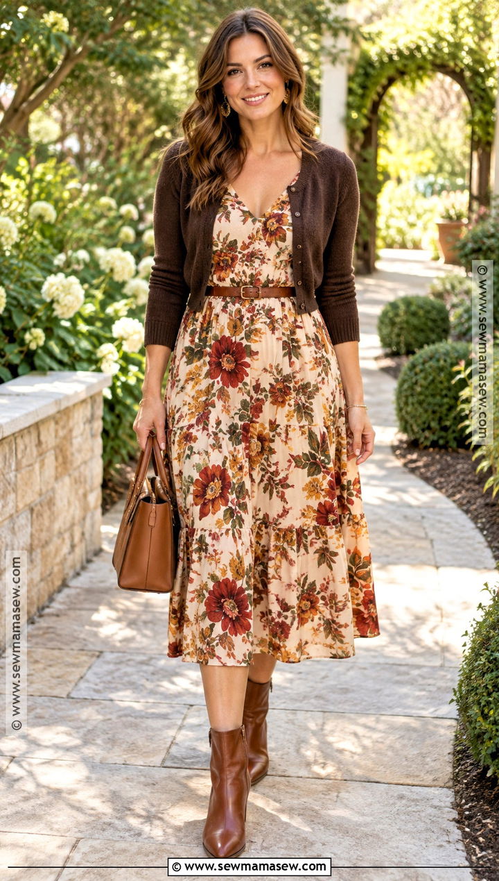 Autumn Skin Tone Warm Floral Midi Dress Outfit - 20 Autumn Skin Tone Outfits