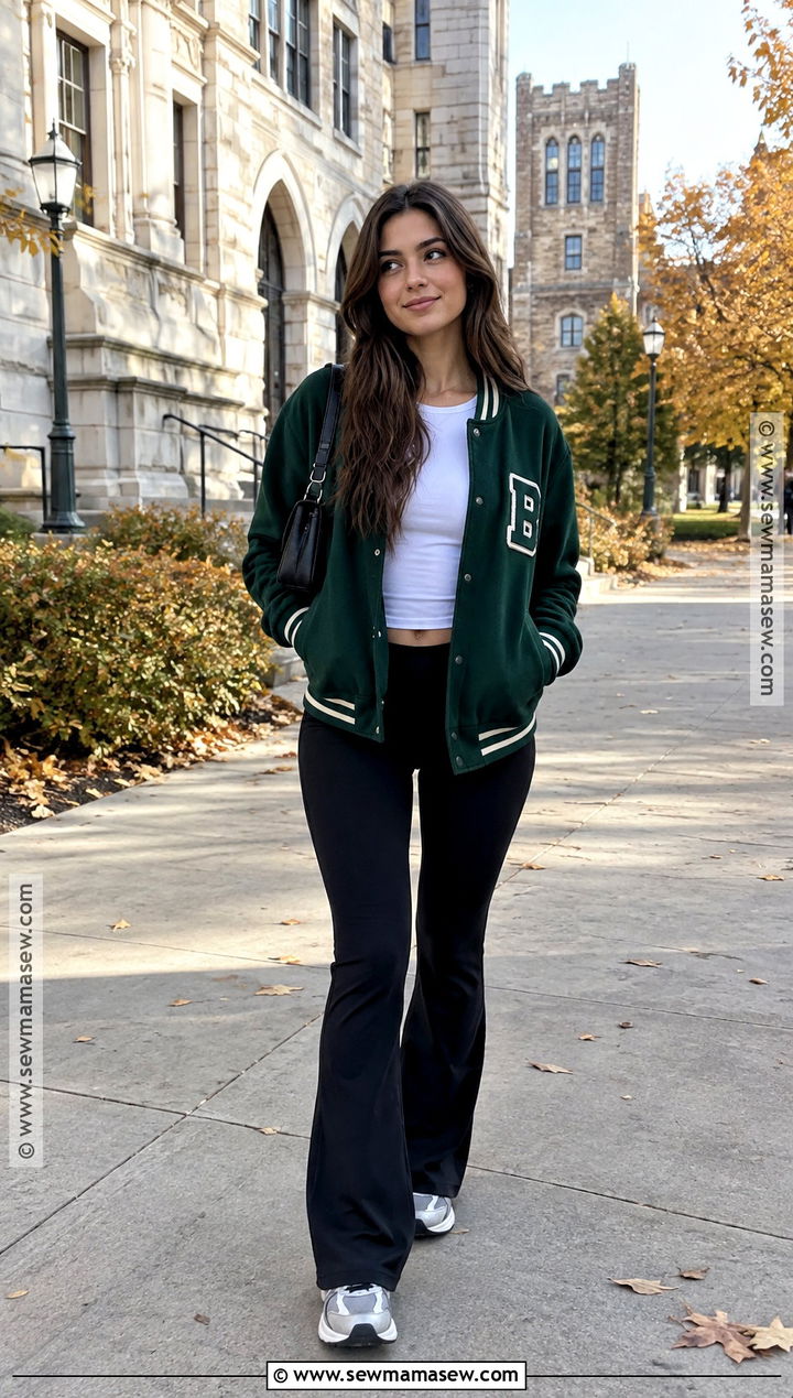Autumn Sport Outfit With A Varsity Jacket And Yoga Pants - 20 autumn sport outfit ideas