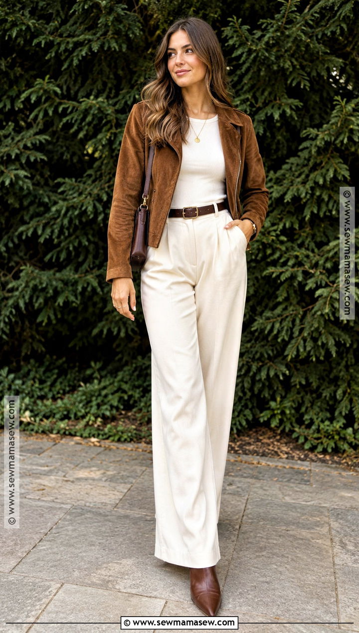 Autumn Suede Jacket And Cream Trousers Outfit - 20 autumn outfits photoshoot