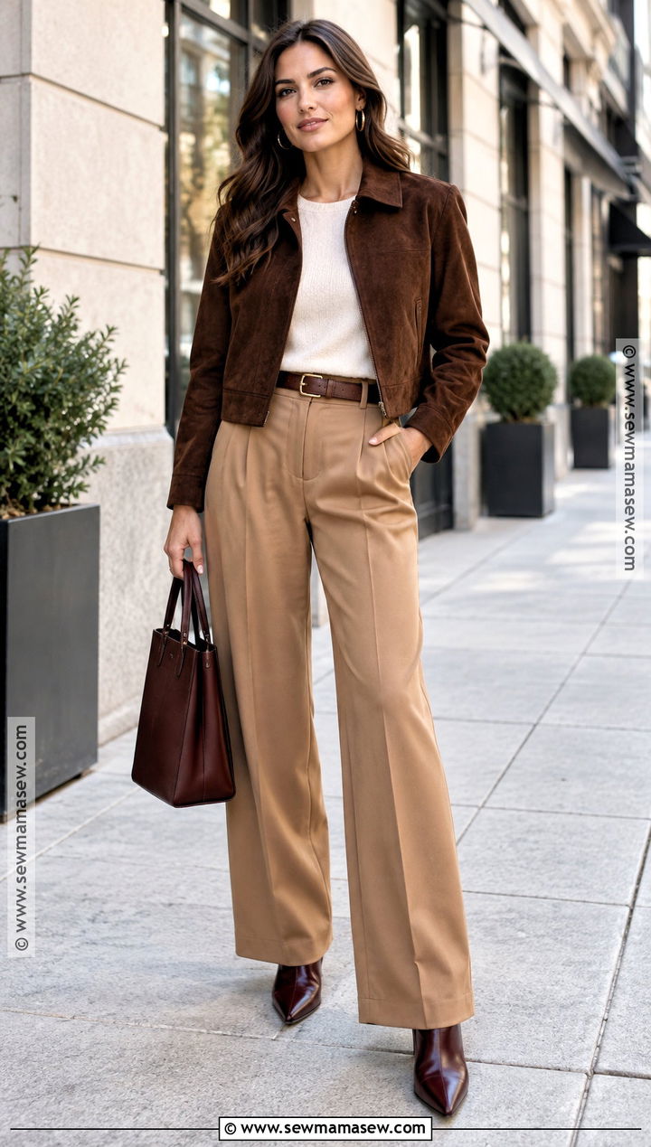 Autumn Suede Jacket And Wide Leg Trousers Outfit - 15 autumn chic style inspiration ideas