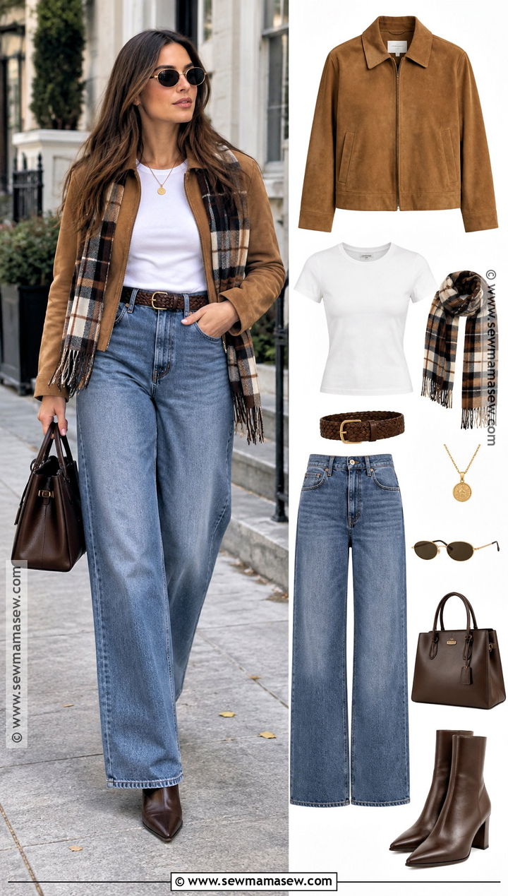 Autumn Suede Jacket Outfit With Wide Leg Jeans - 15 autumn outfit collage with accessories