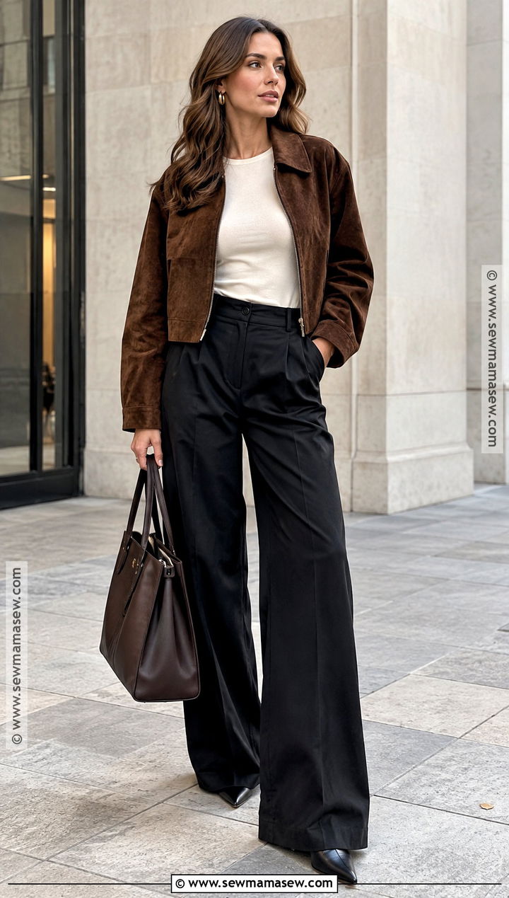 Autumn Suede Jacket Outfit With Wide Leg Trousers - 15 autumn wardrobe ideas 2026