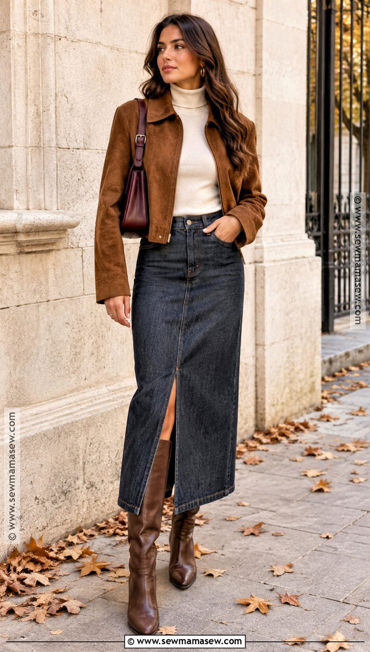 Autumn Suede Jacket With Denim Midi Skirt - 15 Autumn Fashion Ensemble Ideas