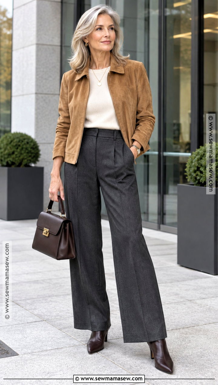 Autumn Suede Jacket and Tailored Pants Outfit - 15 Autumn Wear Ideas for Women