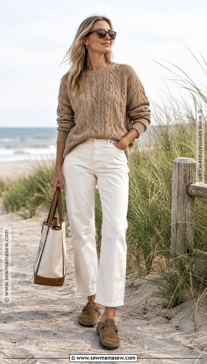 Autumn Surf Cable Knit Sweater and White Jeans Outfit - 15 Autumn Surf Style Ideas