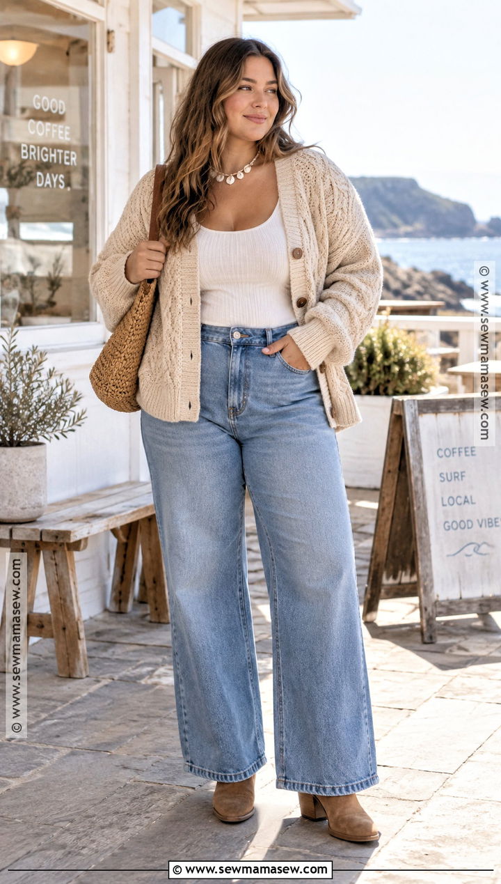 Autumn Surf Cardigan and Wide Leg Jeans Outfit - 15 Autumn Surf Style Ideas