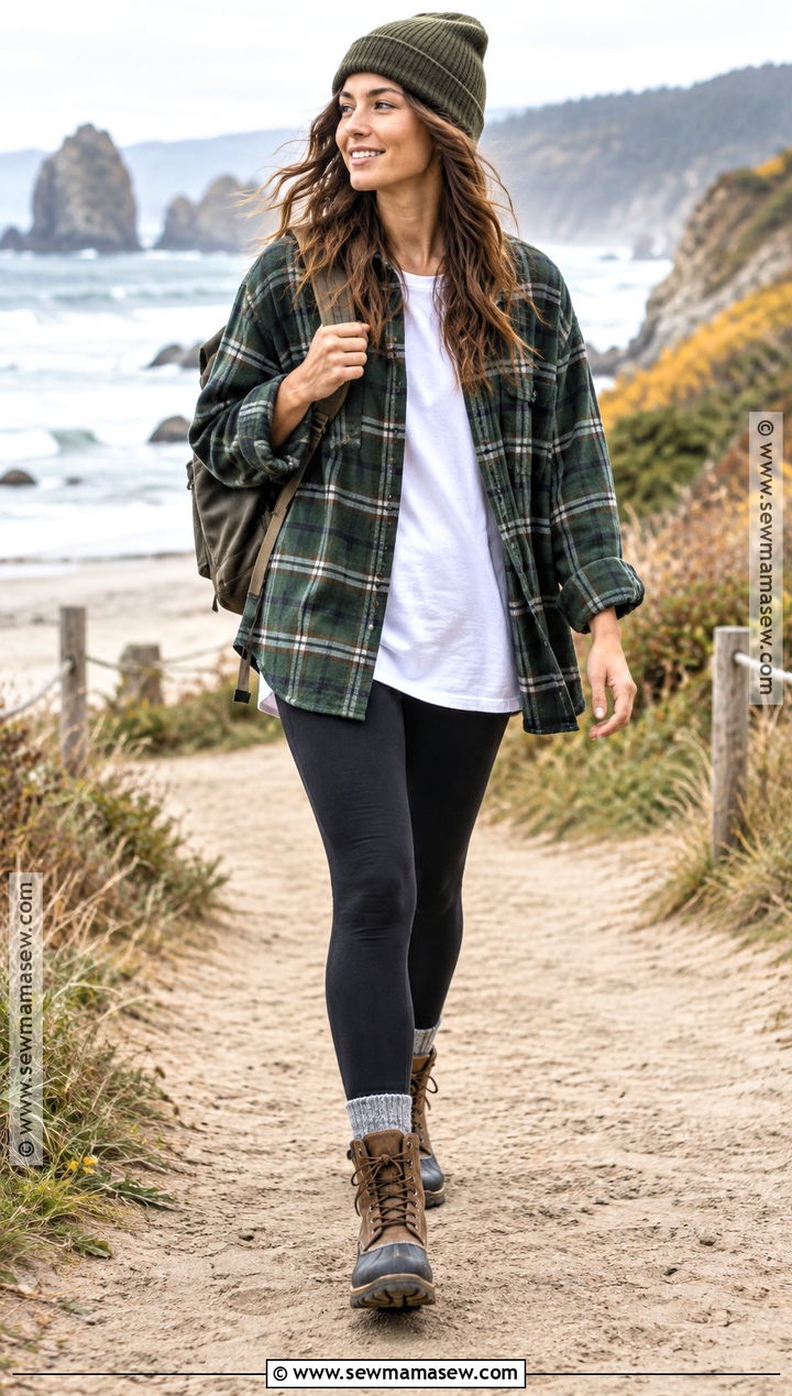 Autumn Surf Flannel Shirt and Leggings Outfit - 15 Autumn Surf Style Ideas