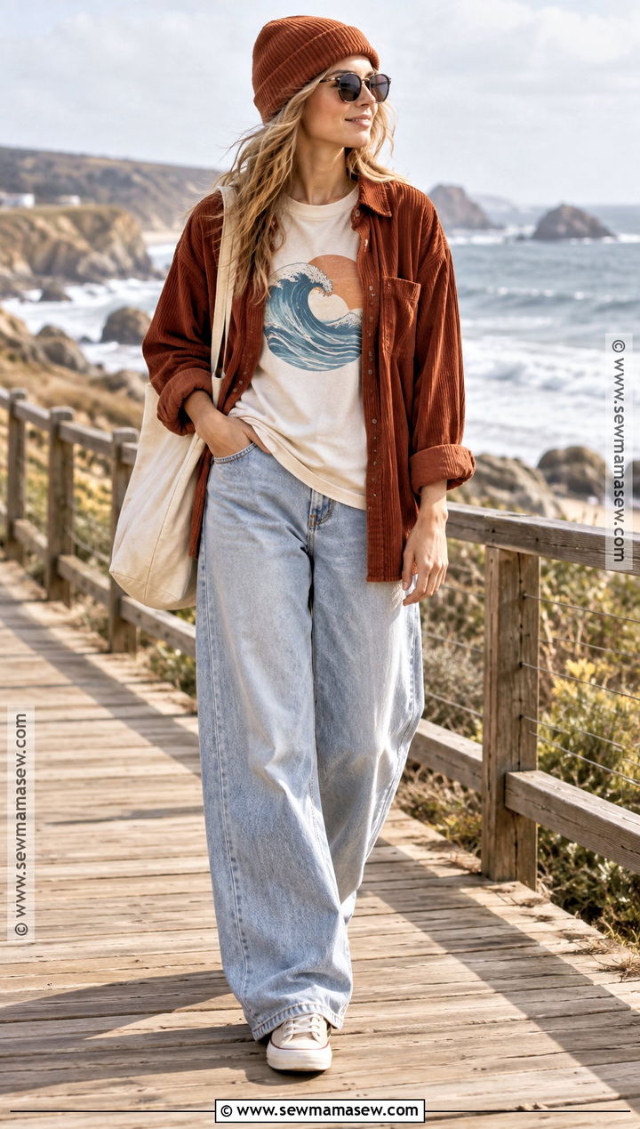 Autumn Surf Graphic Tee and Baggy Jeans Outfit - 15 Autumn Surf Style Ideas