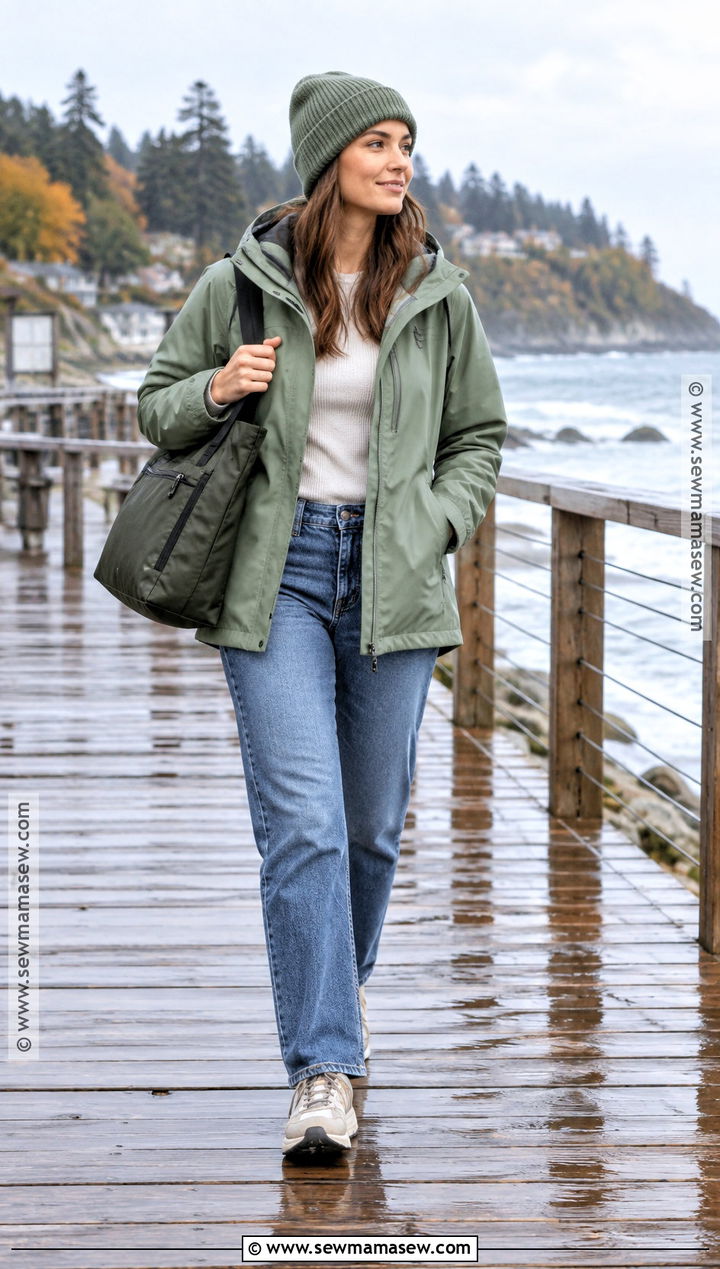 Autumn Surf Rain Jacket and Straight Leg Jeans Outfit - 15 Autumn Surf Style Ideas