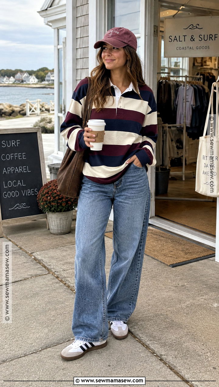 Autumn Surf Rugby Shirt and Barrel Jeans Outfit - 15 Autumn Surf Style Ideas