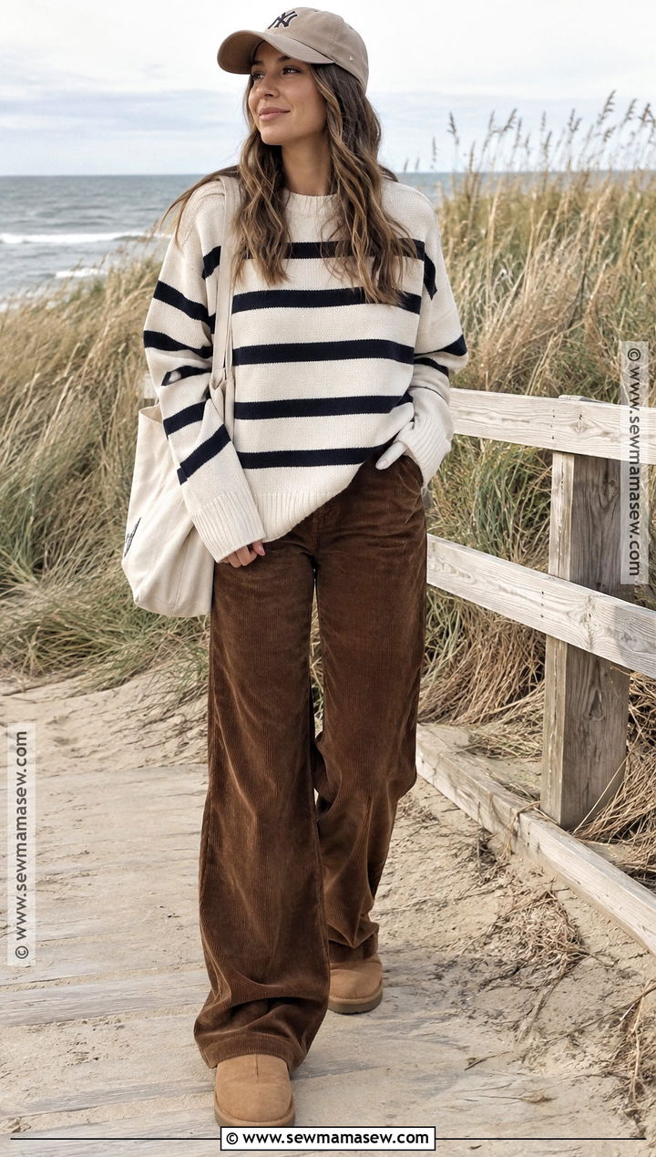 Autumn Surf Striped Sweater and Corduroy Pants Outfit - 15 Autumn Surf Style Ideas