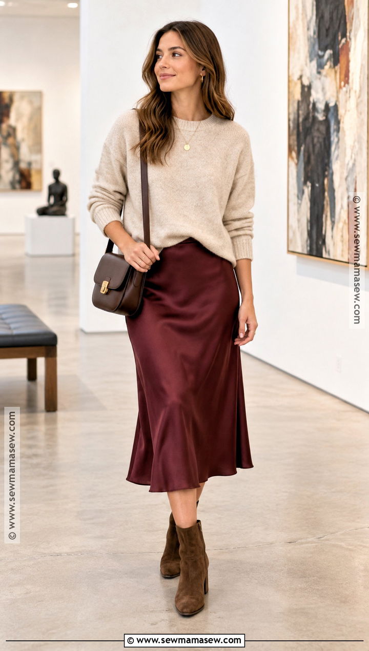 Autumn Sweater And Satin Midi Skirt Outfit - 25 autumn casual outfits for women