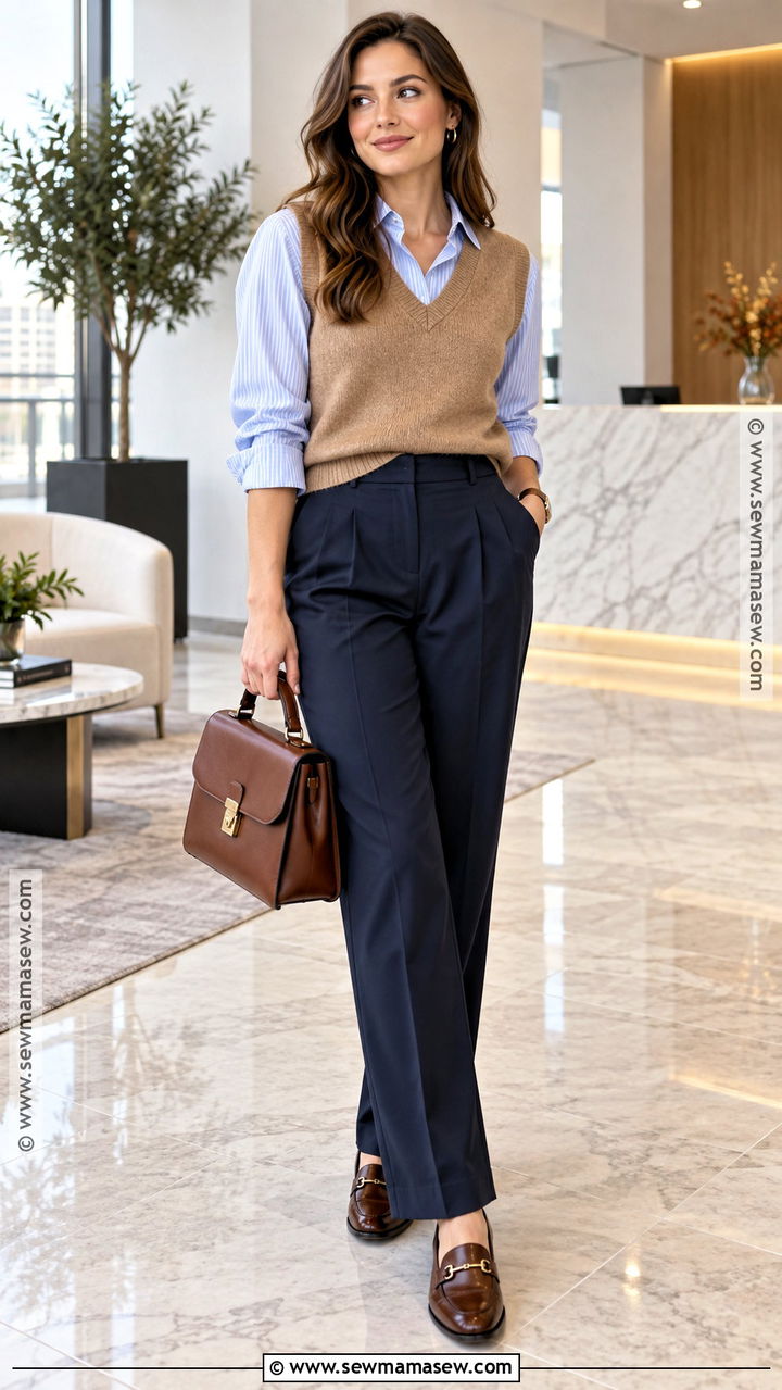 Autumn Sweater Vest And Button Down Shirt Outfit - 20 Autumn Smart Casual Women Work Outfits