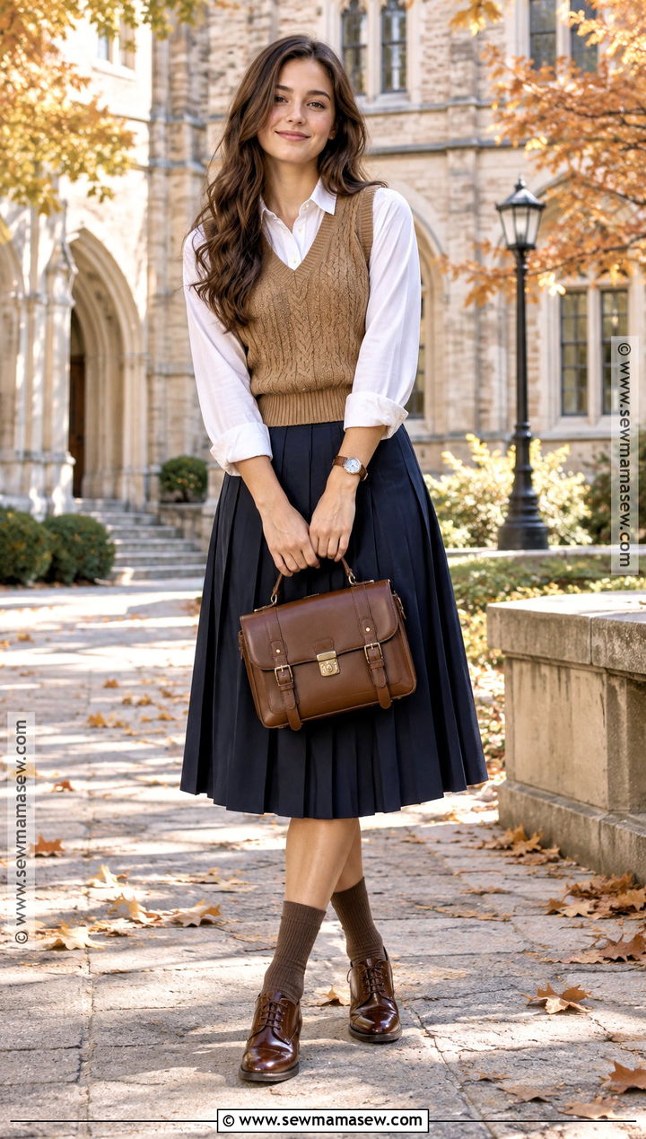 Autumn Sweater Vest And Pleated Skirt Outfit - 15 Autumn Fashion Lookbook Ideas