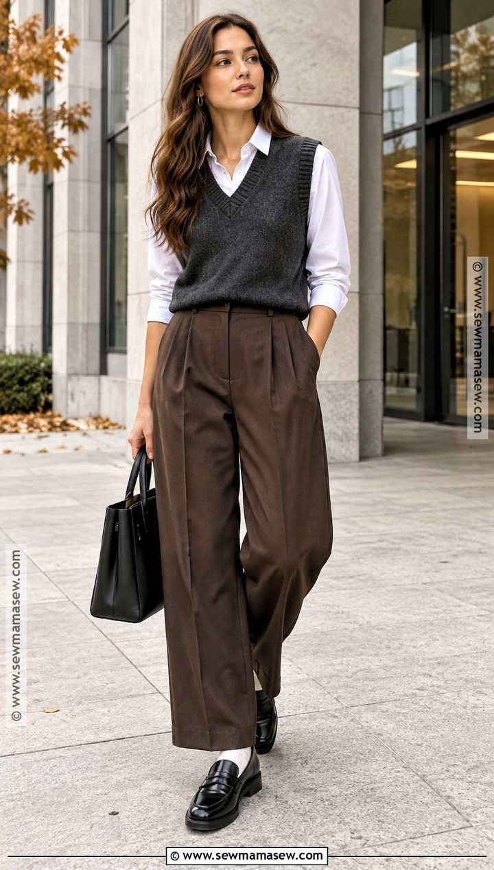 Autumn Sweater Vest And Pleated Trouser Outfit - 15 Street Style Autumn Ideas 2026