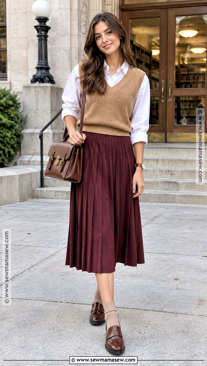 Autumn Sweater Vest Shirt And Pleated Skirt Outfit - 15 Ladies Autumn Fashion Ideas