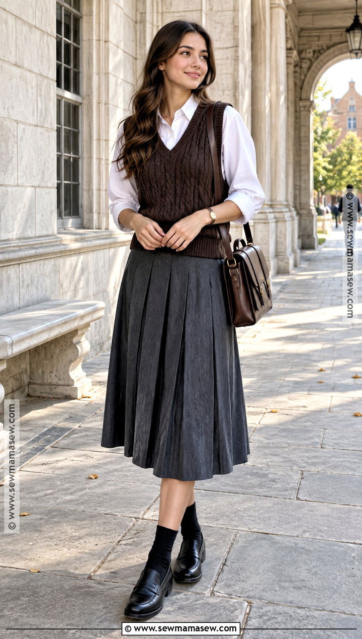 Autumn Sweater Vest and Pleated Skirt Outfit - 15 Autumn Wear Ideas for Women