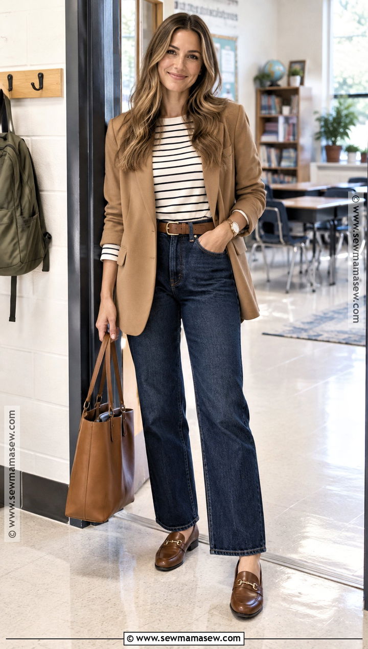 Autumn Teacher Outfit With Blazer And Straight Leg Jeans - 20 autumn outfits for teachers