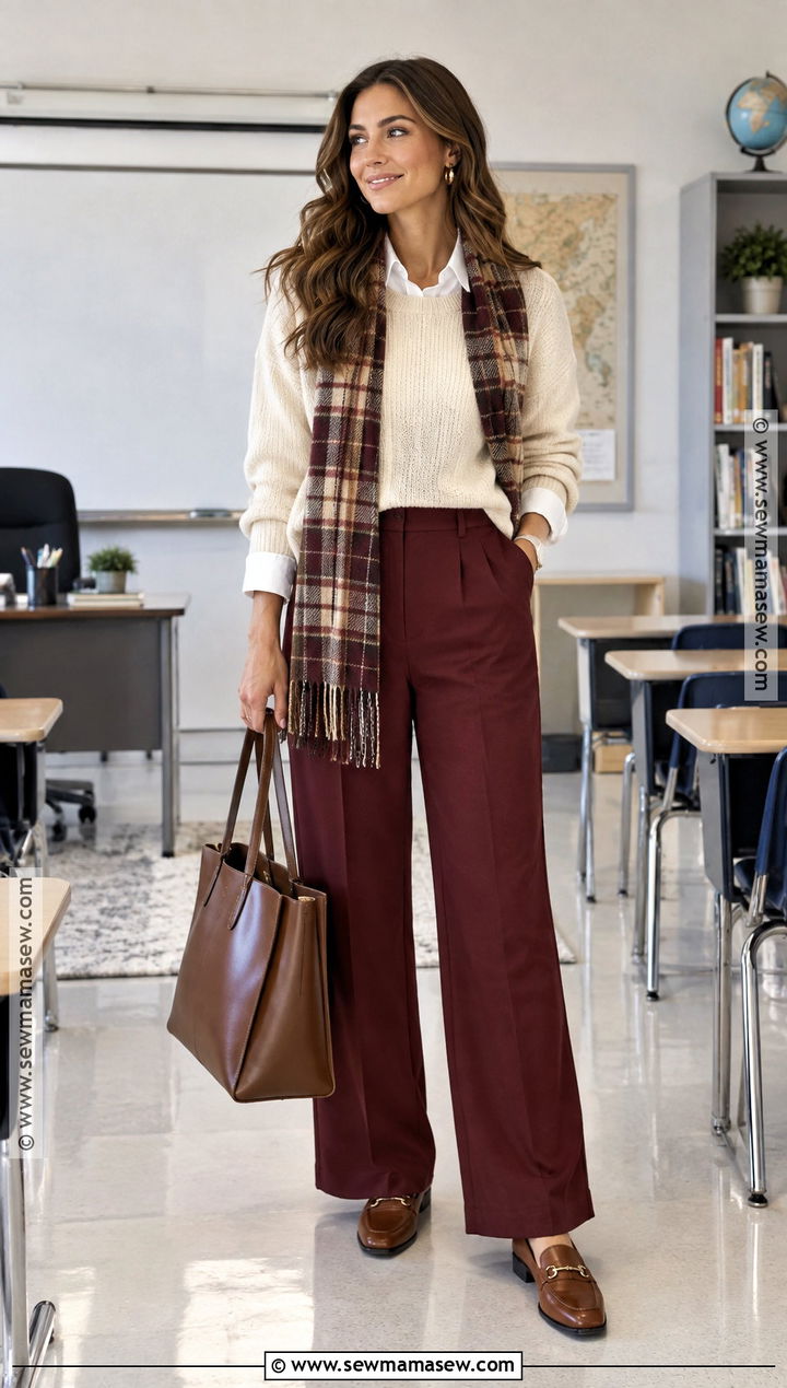 Autumn Teacher Outfit With Burgundy Pants And Cream Sweater - 25 autumn teacher outfits