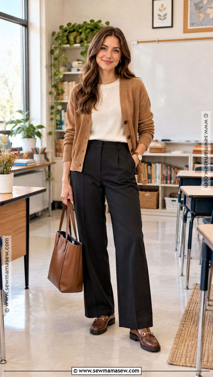 Autumn Teacher Outfit With Cardigan And Wide Leg Pants - 20 autumn outfits for teachers