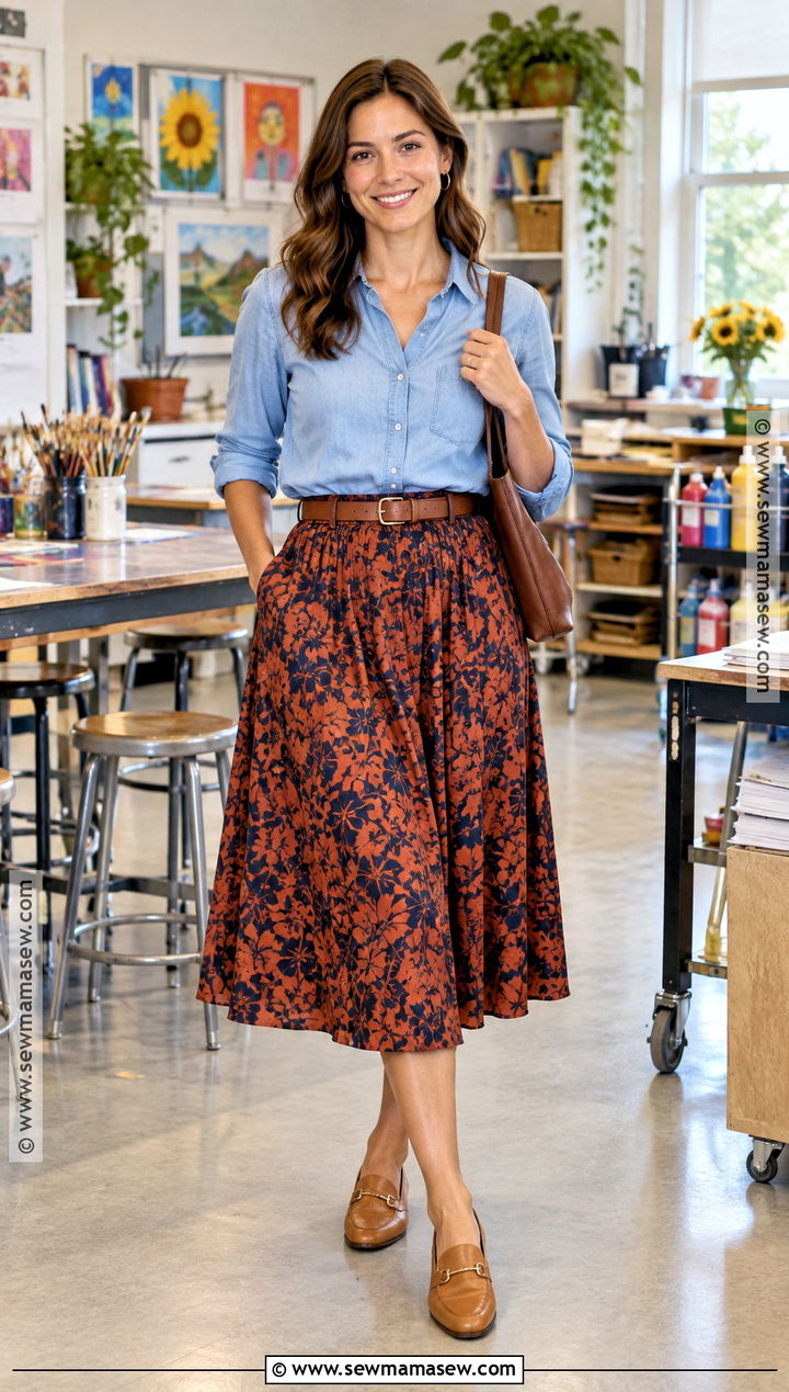 Autumn Teacher Outfit With Chambray Shirt And Printed Skirt - 20 autumn outfits for teachers
