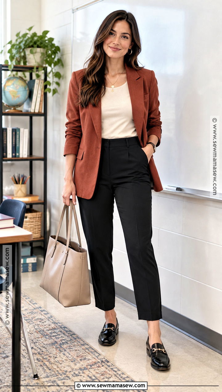 Autumn Teacher Outfit With Colored Blazer And Neutral Pants - 25 autumn teacher outfits