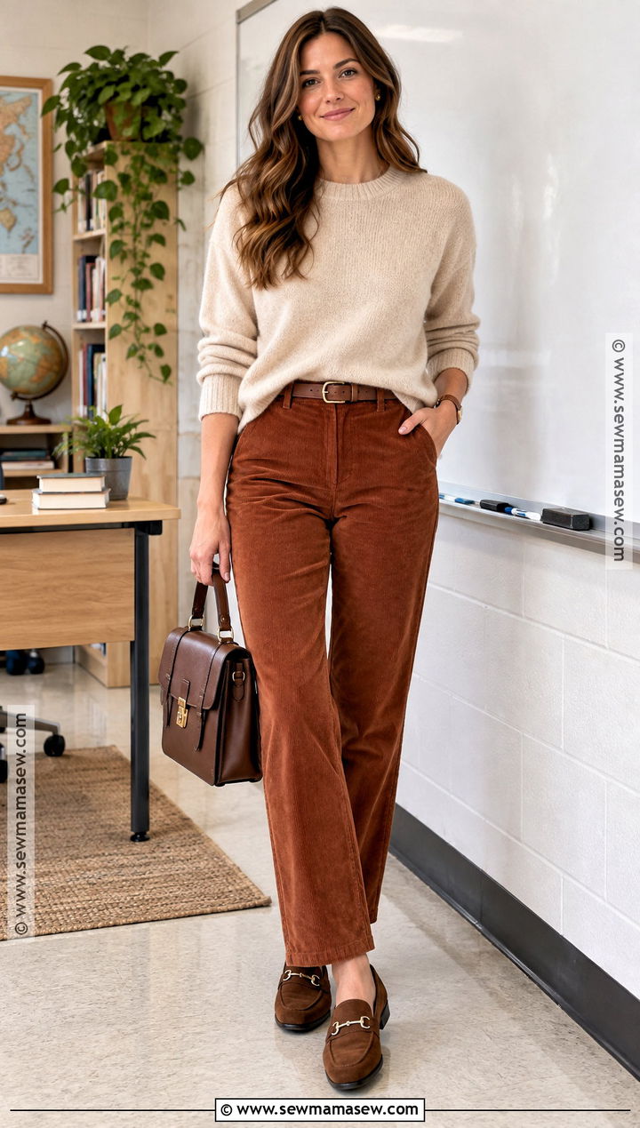 Autumn Teacher Outfit With Corduroy Pants And Knit Sweater - 20 autumn outfits for teachers