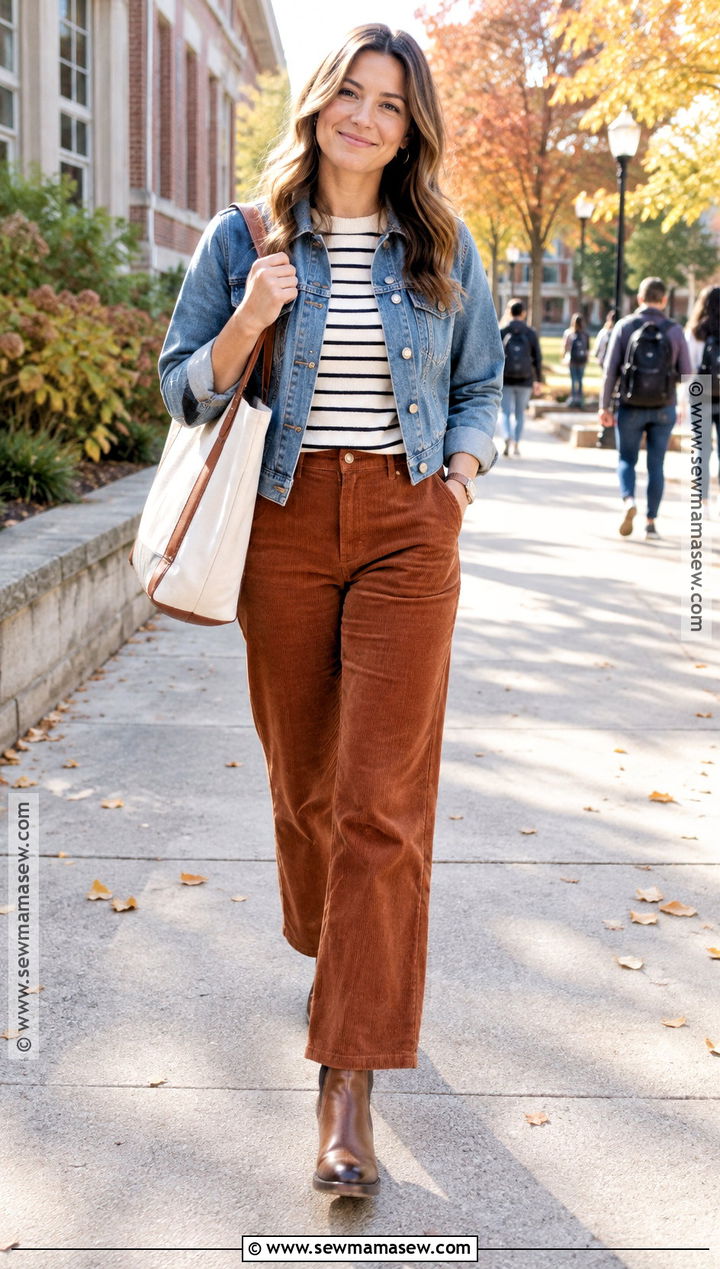 Autumn Teacher Outfit With Corduroy Pants And Striped Top - 25 autumn teacher outfits